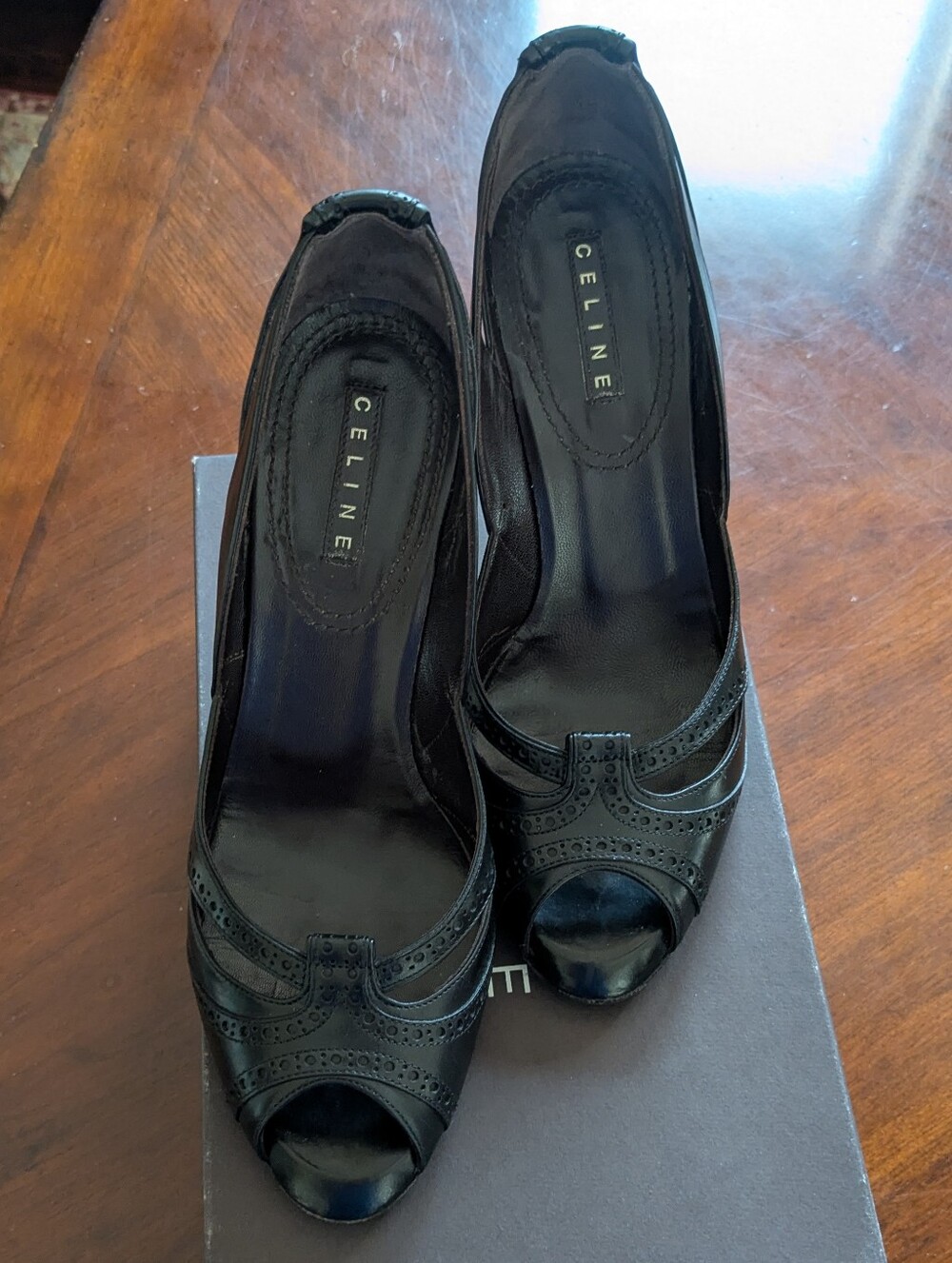 Celine Black Peep-Toe Brogue Leather Pumps